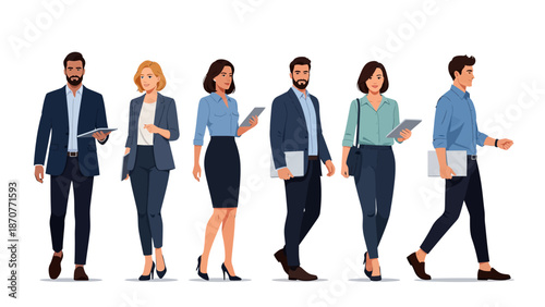 Diverse group of business professionals walking and standing with tablets and laptops. Lunar New Year Vector Illustration. EPS Editable
