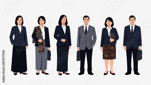 Diverse group of professional Asian business people standing together showcasing various business attire and cultural influences. Lunar New Year Vector Illustration. EPS Editable