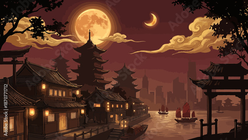 Enchanting Full Moon Night Over Ancient Asian Village River. Lunar New Year Vector Illustration. EPS Editable