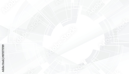 Abstract white and light gray geometric background with concentric circles, radial lines, and translucent overlapping shapes, creating a modern and clean design.