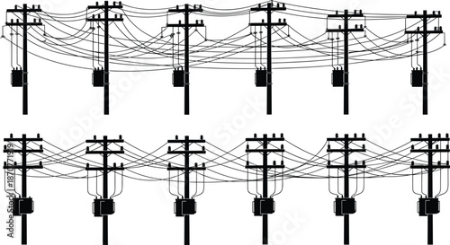 Utility poles vector illustration, electrical transformers, organized power lines, 