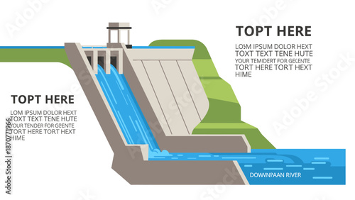 Hydroelectric Dam Cross Section Infographic with Water Flow and Power Generation. Lunar New Year Vector Illustration. EPS Editable