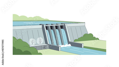 Hydroelectric Dam Generating Clean Energy with Water Flowing. Lunar New Year Vector Illustration. EPS Editable