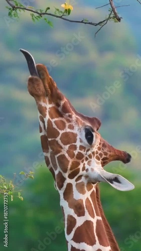 Giraffe reaching for leaves on a sunny day in savannah