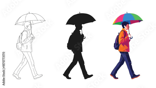 Man working laptop computer while drinking coffee or tea, set of three styles outline, silhouette, and color illustration