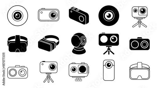 Modern camera, webcam, action cam, and VR headset vector icon set in clean black silhouette and outline styles for technology and media projects.