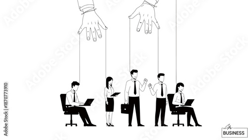 Puppeteer controlling business people as puppets illustrating manipulation and control in the workplace. Lunar New Year Vector Illustration. EPS Editable
