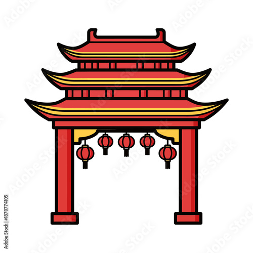 Traditional Chinese Archway with Lanterns Illustration. Lunar New Year Vector Illustration. EPS Editable