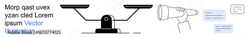 Decision making, fairness, communication, analysis, information sharing, teamwork. A balance scale, a person with a telescope and dialog boxes. Decision making and communication concept