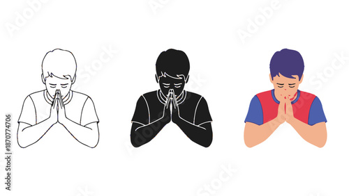 Set of three windsurfing illustrations outline, silhouette, and full color vector graphic of a person riding a sailboard water with waves