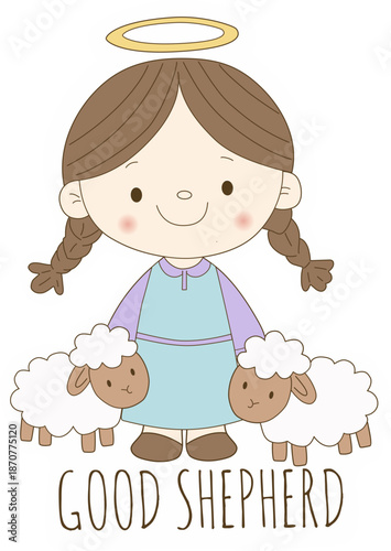 A sweet and gentle Good Shepherd illustration featuring a cute character with sheep. Perfect for Christian kids, Sunday school, church events, and faith-based gifts.