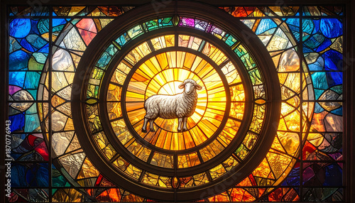 黄金の光が放射する羊のステンドグラス円形窓と幾何学模様