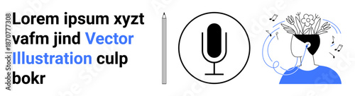 Audio production, music creation, sound design, content creation, creative thinking, recording technology. Includes microphone, text abstract headphone with brain and music notes. Audio production