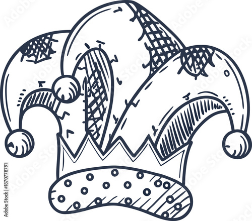 jester hat with bells and patterned design, carnival costume accessory sketch
