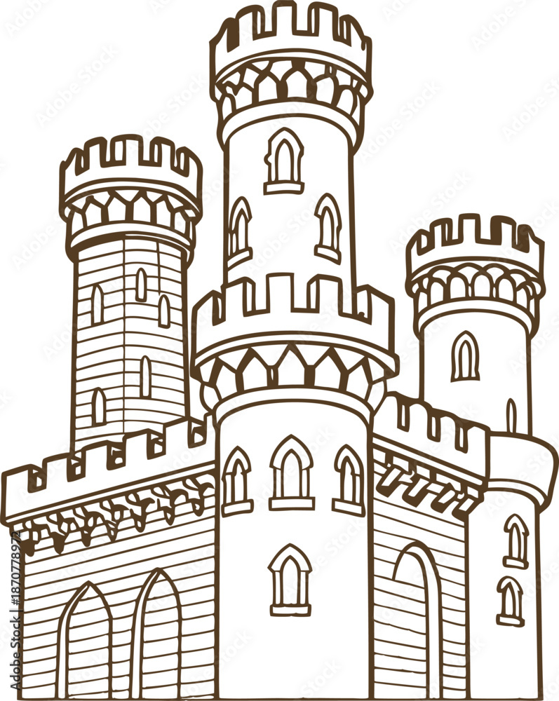 Obraz premium Ancient medieval castle with four fortified towers and arched windows in old architecture design