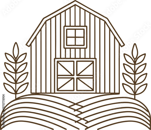 barn with crops and soil, rural farm landscape outline, agriculture and farming icon design
