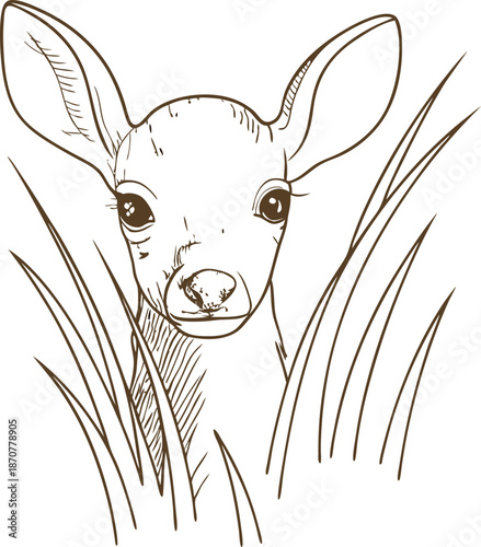 young deer fawn peeking through tall grass, forest wildlife sketch illustration