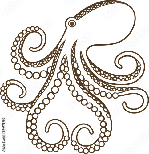 octopus line art illustration with curled tentacles and detailed suction cups drawing