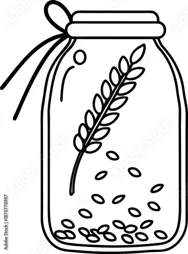 Mason jar filled with grains and wheat stalk, container with ribbon tied top, agriculture and harvest concept