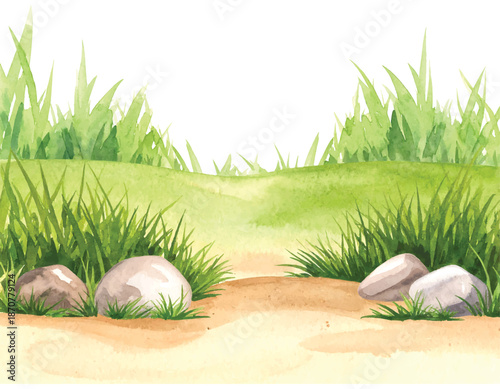 Watercolor landscape with sandy path, green grass, and smooth vector illutrastion transparent background