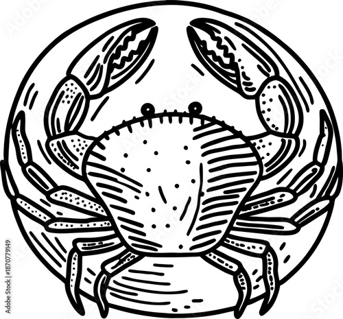 detailed black and white illustration of crab with claws open inside circular frame