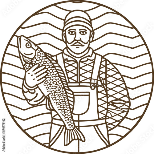 Fisherman holding a large fish, wearing hat and overalls, stylized circular line art design