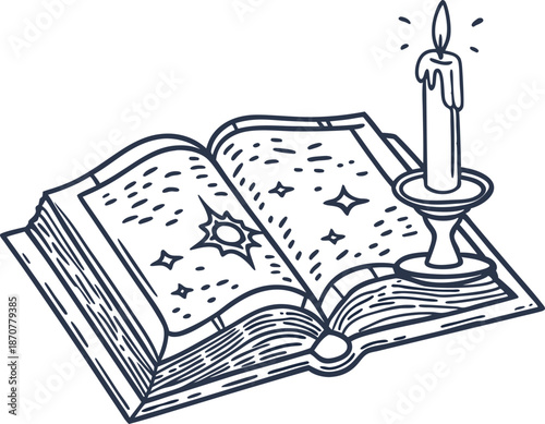 Open magical book with glowing stars and sun illustration, old candle burning, esoteric mystic concept