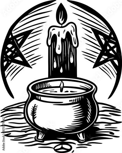 black and white illustration of mystical cauldron with burning candle and pentagrams for magic ritual
