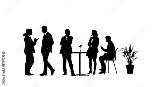 Shadowy Discussion: A group of individuals engaged in a dynamic exchange. Silhouetted figures, possibly colleagues or partners, engaged in conversation. Capturing a sense of mystery and intrigue.