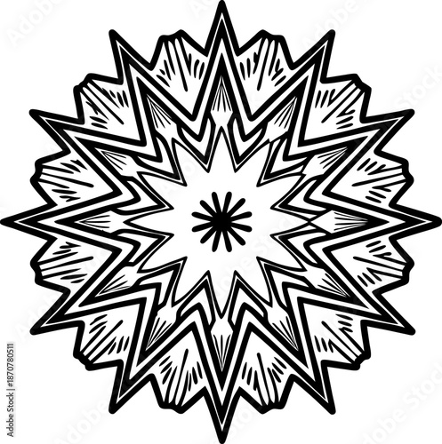 Intricate black and white starburst mandala with sharp zigzag and radiating line patterns