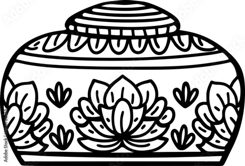 Decorative ceramic pot with floral pattern and ornamental design outline drawing