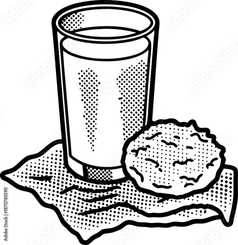 Glass of milk with a cookie on napkin classic milk and cookie snack for children and adults