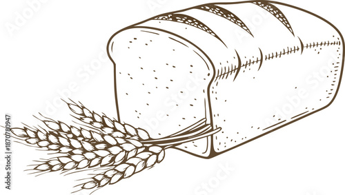 Loaf of bread with wheat stalks fresh baked bread and cereal grains illustration