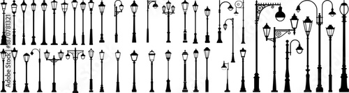 Black and white vector illustration of vintage street lamps and lamppost silhouettes. Perfect for urban branding, city posters, maps, infographics and decorative design.