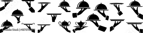 Black and white vector illustration of waiter hands holding serving trays and dishes.