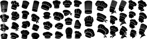 Large vector set of chef hat silhouettes in different styles and angles. Black cooking and bakery headwear icons perfect for restaurant logos, menus and culinary design.