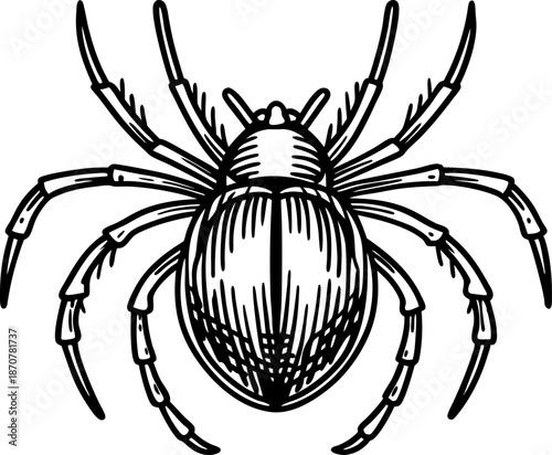Detailed black and white illustration of a spider with eight legs and segmented body