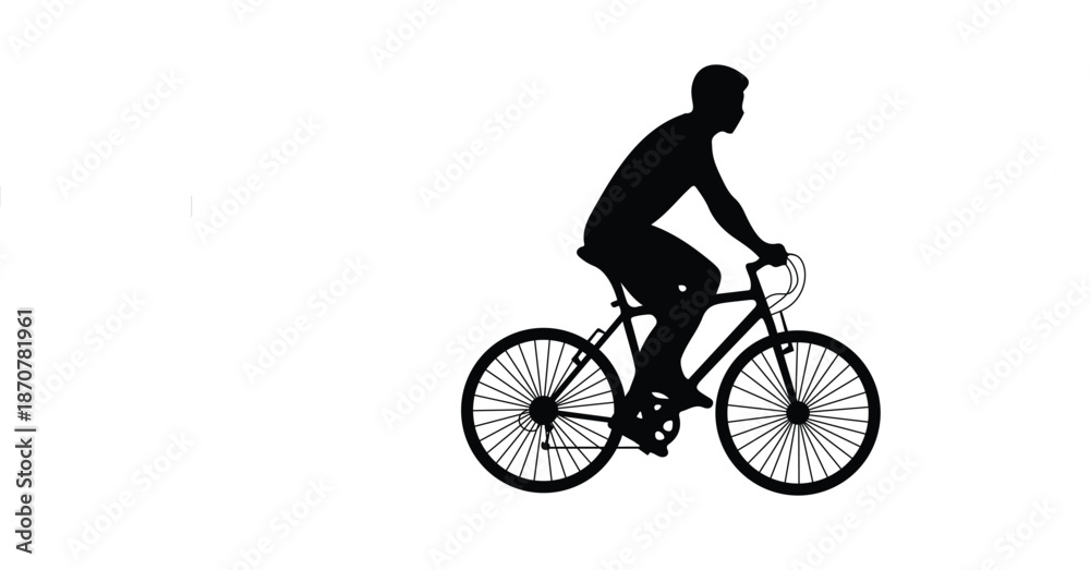 Obraz premium Black silhouette of a man cycling on a modern bicycle, ideal for fitness and lifestyle themes.