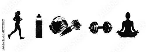 Black silhouette icons representing various fitness activities and healthy lifestyle choices.
