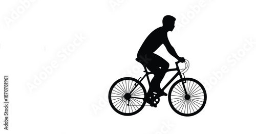Black silhouette of a man cycling on a modern bicycle, ideal for fitness and lifestyle themes.