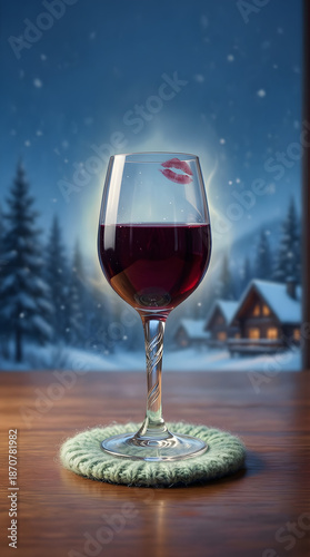 glass of red wine on wooden table