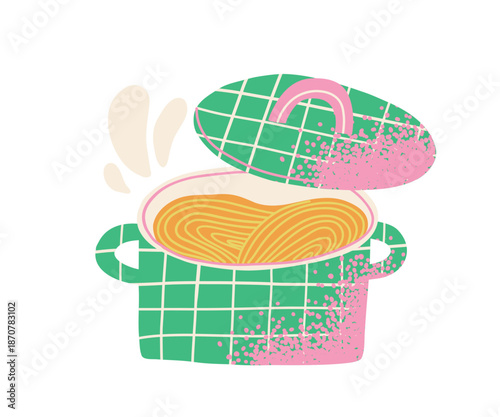 Spaghetti pot, hand drawn textural illustration. Pasta, Italian food, kitchen utensils.