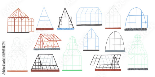 Set of hand drawn greenhouses. Agriculture, Landscaping, smart farming
