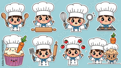 A cartoon chef character in various poses and actions with baking utensils and food items on a light blue background
