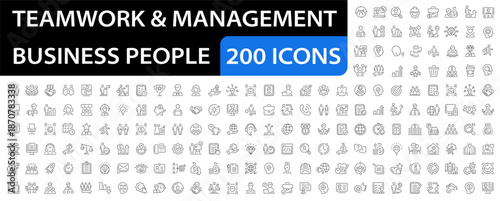 Teamwork and management 200 icon set. Business people, human resources, team building, work group, office management. Simple vector illustration. Editable stroke