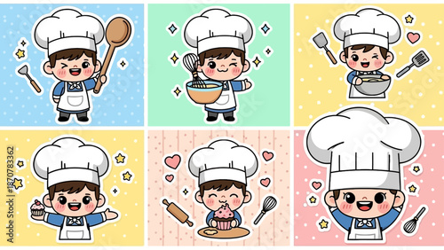 A cartoon bear dressed as a chef is shown in various poses with cooking utensils in six different colorful backgrounds.