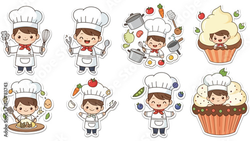 A cartoon chef surrounded by various food items and baking utensils, showcasing culinary skills and creativity.