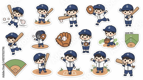 Cartoon boy playing baseball in various poses on the field
