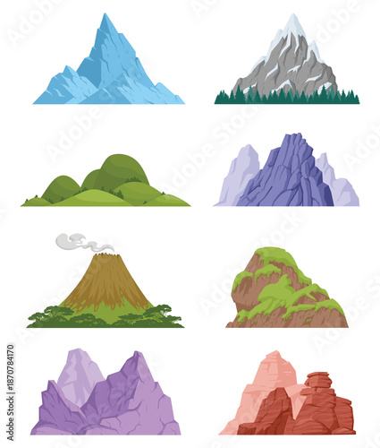 Stylized mountain terrain vector set featuring snowy peaks, forest mountains, rolling green hills, rocky cliffs, volcano landscape, mossy rocks, and colorful fantasy mountains isolated on white backgr