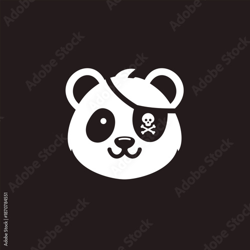 Cute pirate panda face logo with eyepatch and skull symbol, minimalist white vector icon on dark background, playful animal mascot